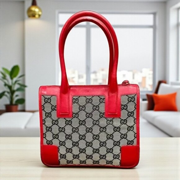Gucci GG Canvas Tote Bag – Red Leather Trim | Vintage Designer Shoulder Bag - Picture 9 of 10